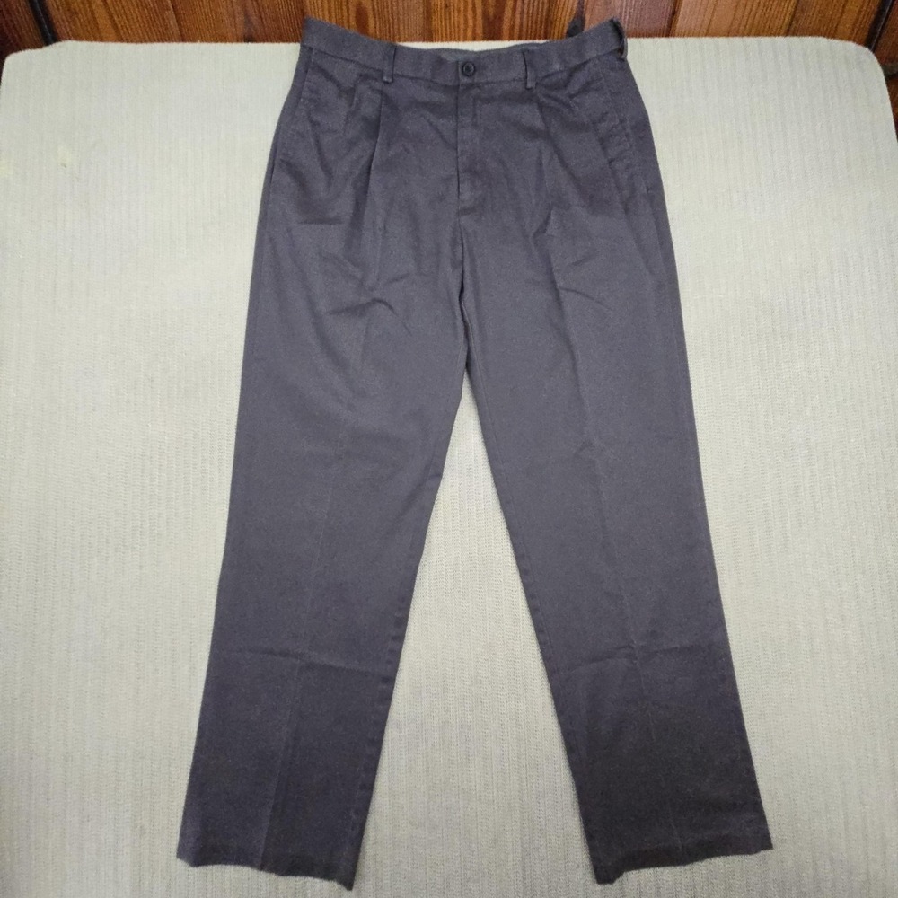 Haggar Pants Mens 34x32 Gray Premium No Iron Khaki Pleated Classic Fit Dress